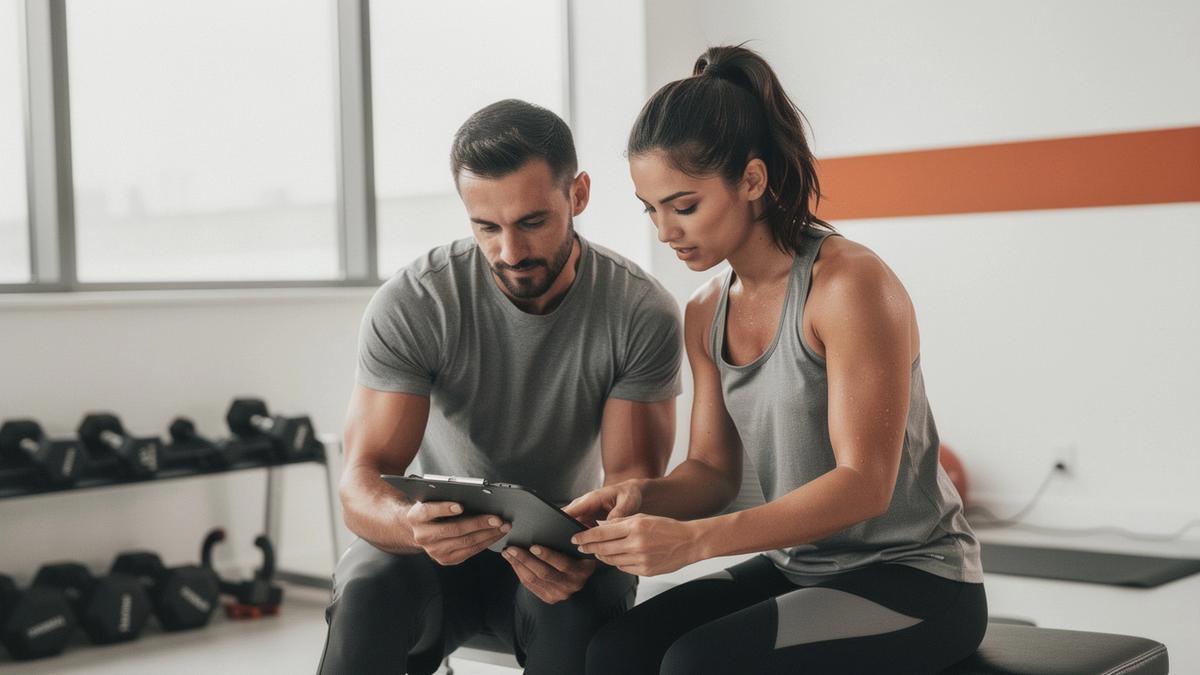 Trainer reviewing a session plan with a client in a bright studio