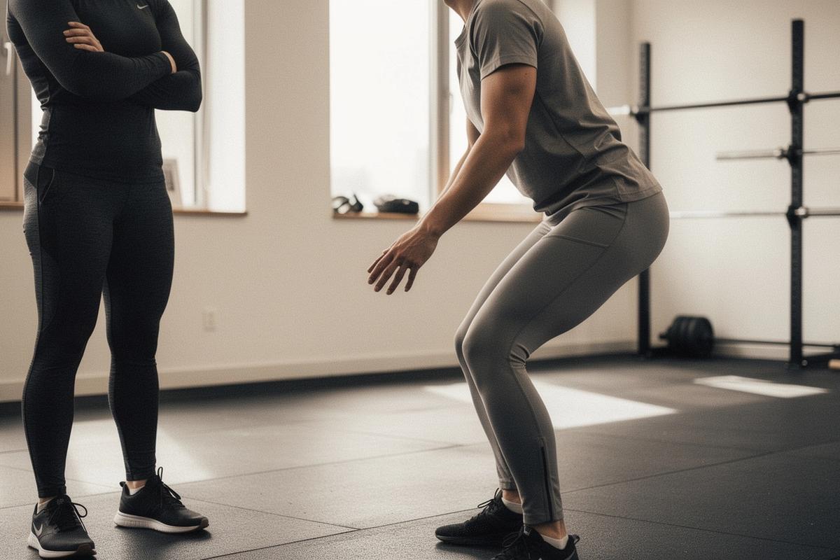 Fitness coach observing a client during a movement assessment in a bright training studio.