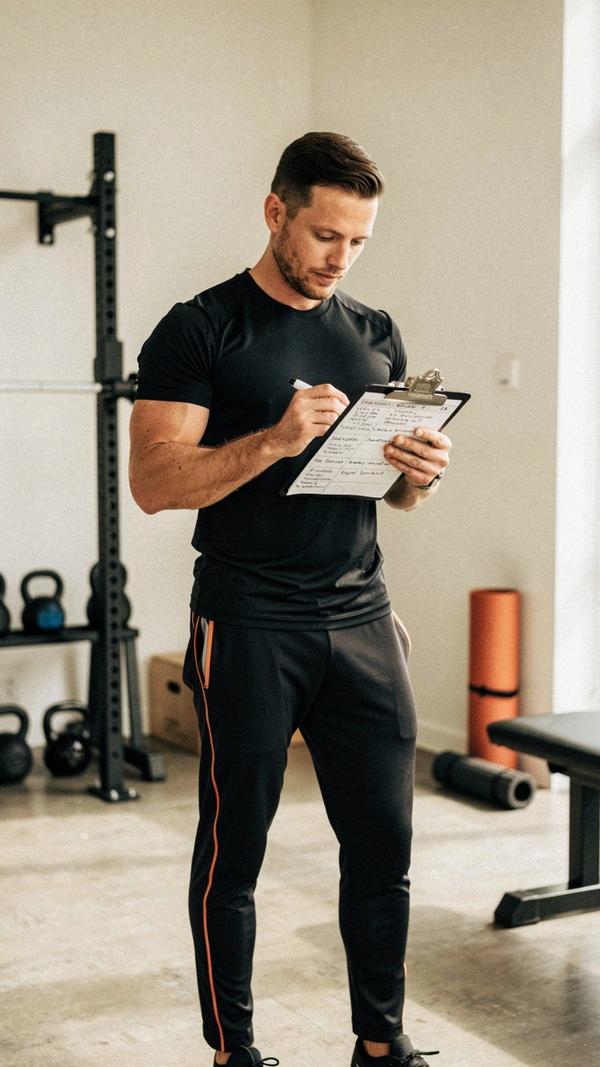 Coach reviewing a movement assessment in a bright studio