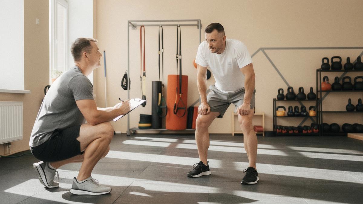 Personal trainer conducting a movement assessment in a private Kyiv studio