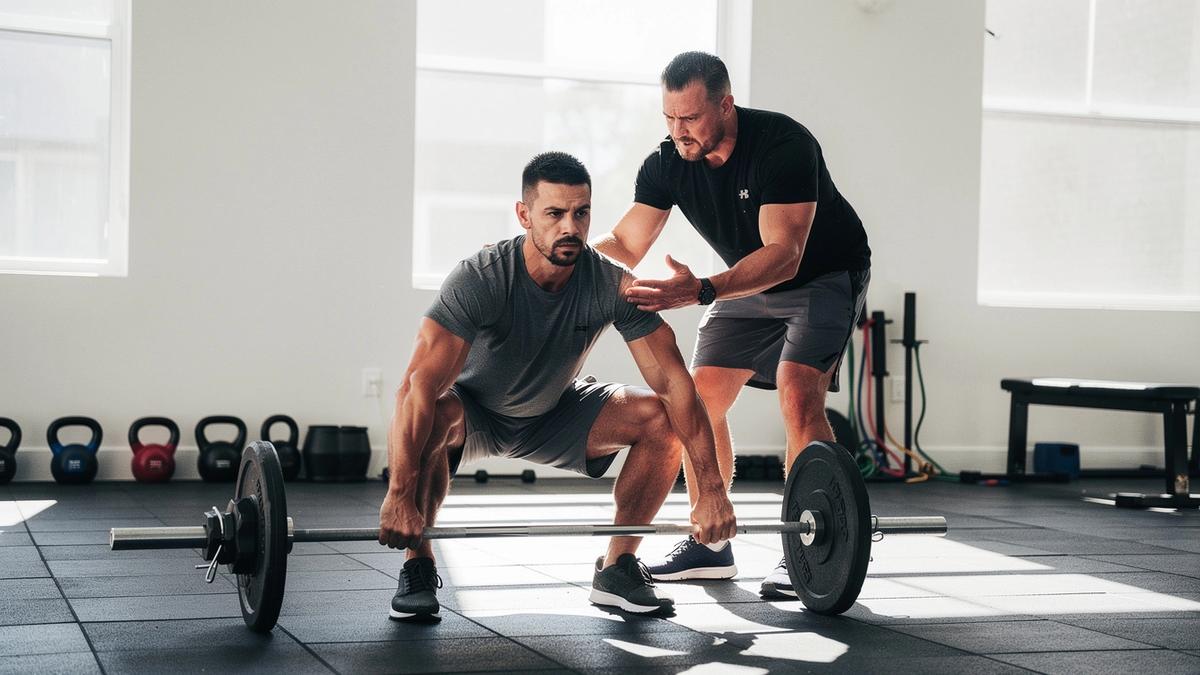A coach guiding a client through focused strength training in a bright studio