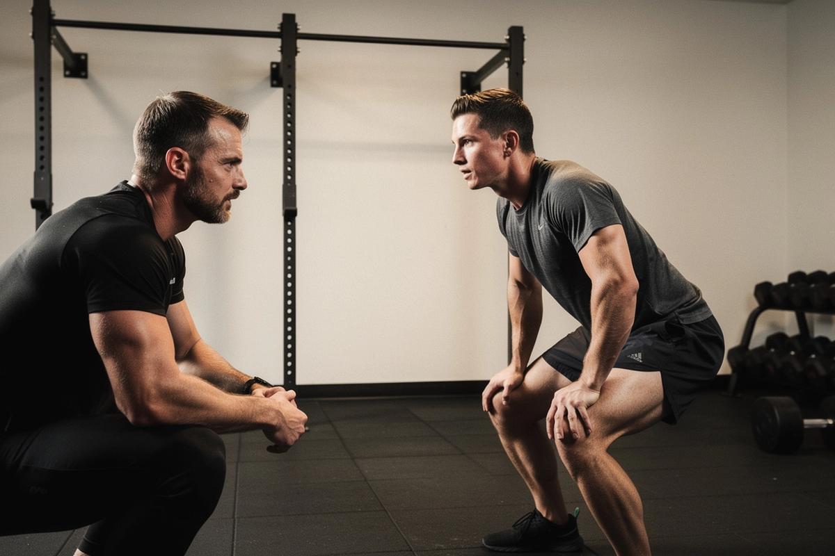 Trainer assessing a client’s movement patterns in a private studio