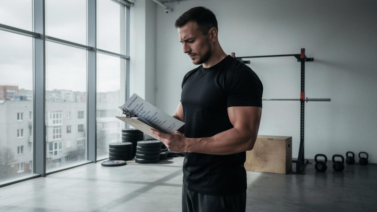 Trainer reviewing movement assessment notes in a bright studio