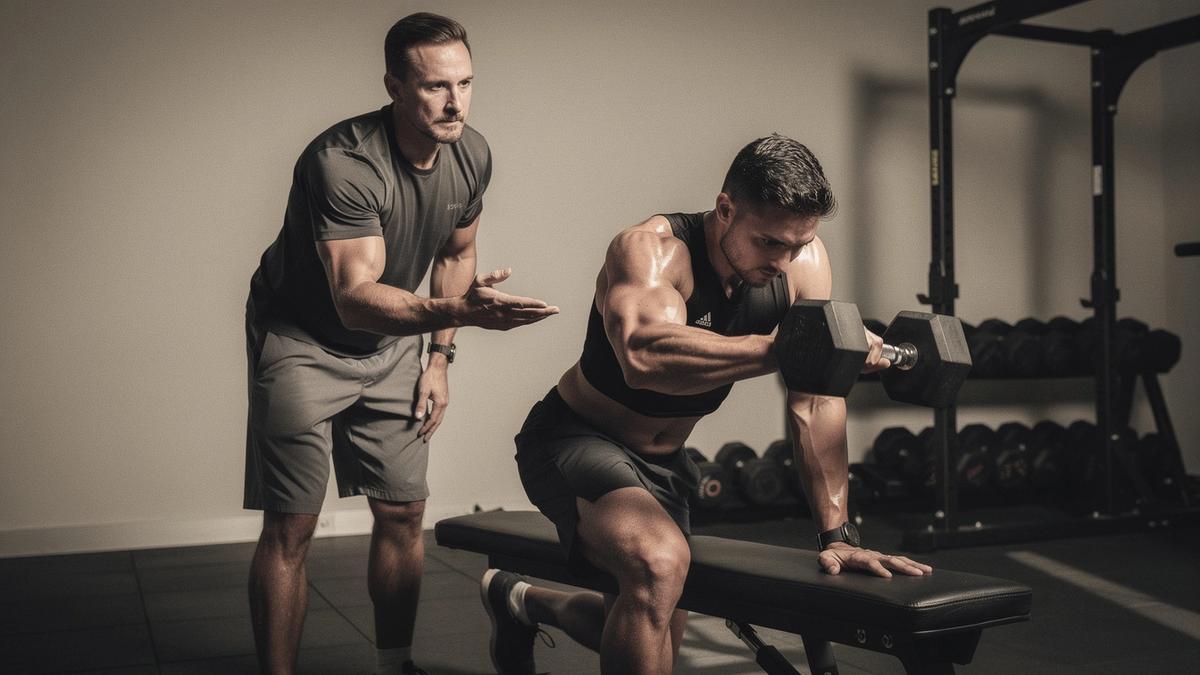 Personal trainer coaching a client during a focused strength session in a private Kyiv studio